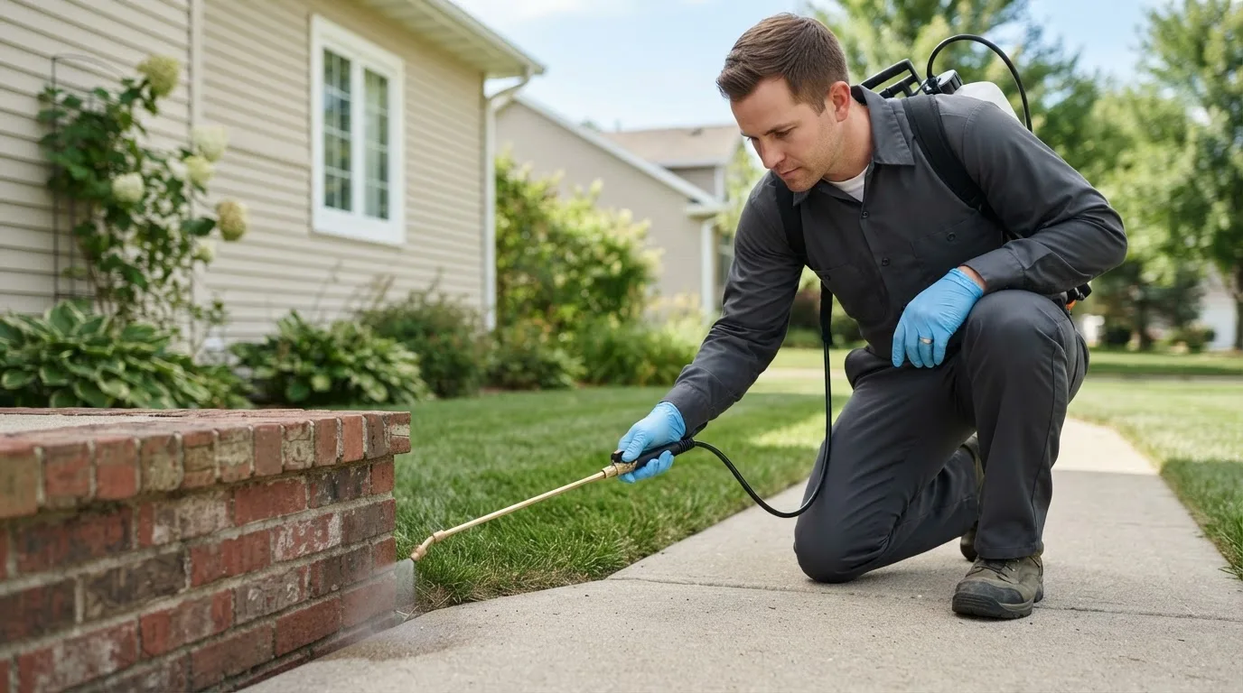 Pest control technician treating a home near Clara City, MN