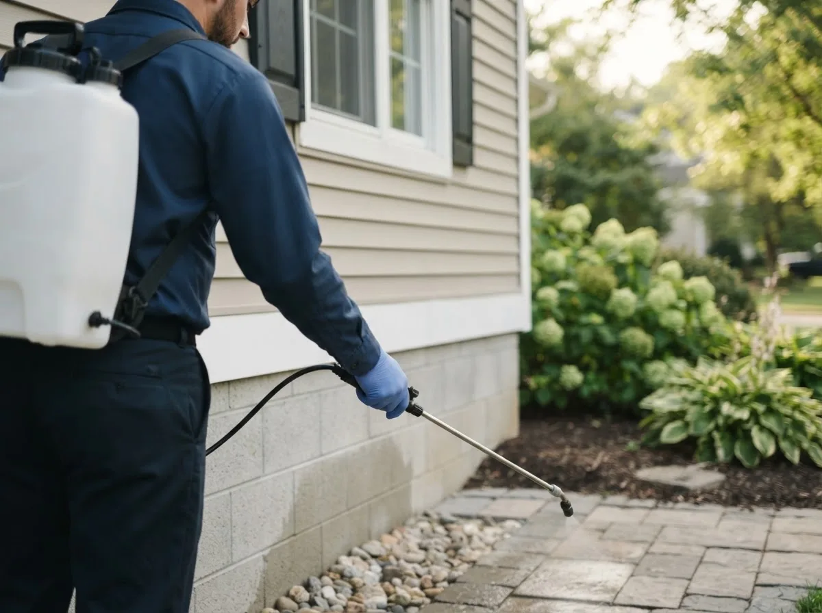 Pest control technician inspecting a home in Clara City, MN